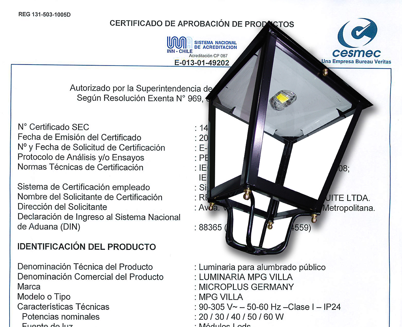 Microplus obtiene la certificacin para las luminarias Villa